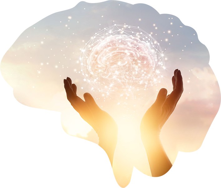 Abstract palm hands touching brain with network connections, innovative technology in science and communication concept